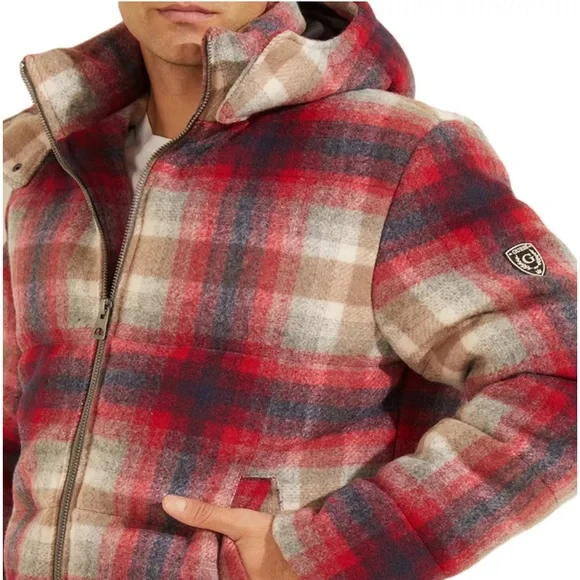Guess Men's Instinct Red Plaid Hooded Wind Resistant Puffer Jacket